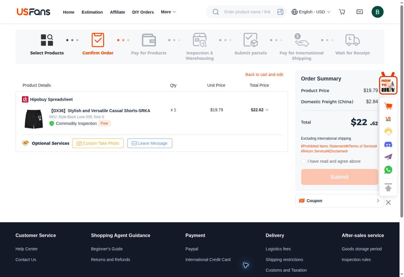 Confirm Order: verify the shorts and first-stage costs